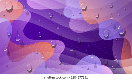 Gorgeous wallpaper with 3D effect. Drops of transparent liquid, wavy lines against the background of overlapping abstract shapes with smooth edges. Vector.
