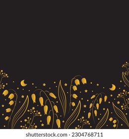 Gorgeous wedding card with moon, stars, valley lilies glitter, royal luxury gold on dark background.