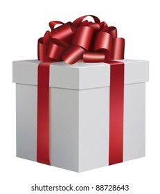 Gorgeous white box with glossy red ribbon and bow - Christmas present (vector illustration)