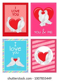 Gorgeous white doves couples in love with big red heart between or behind them isolated cartoon flat vector illustrations set for Valentines day.