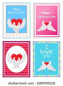 Gorgeous white doves couples in love with big red heart between or behind them isolated cartoon flat vector illustrations set for Valentines day.