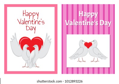 Gorgeous white doves couples in love with big red heart between or behind them isolated cartoon flat vector illustrations set for Valentines day.