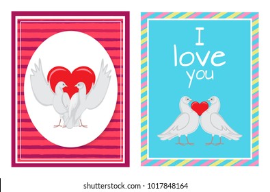 Gorgeous white doves couples in love with big red heart between or behind them isolated cartoon flat vector illustrations set for Valentines day.