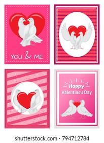 Gorgeous white doves couples in love with big red heart between or behind them isolated cartoon flat vector illustrations set for Valentines day.