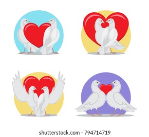Gorgeous white doves couples in love with big red heart between or behind them isolated cartoon flat vector illustrations set for Valentines day.
