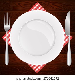 Gorgeous white plate with fork and knife on dark wooden table. Vector illustration can be used for restaurant and cafe menu or food posters design, prints or other crafts.