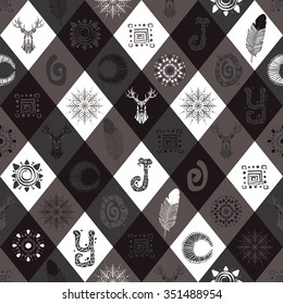 Gorgeous winter seamless pattern with stylish drawn elements: deer, feather, snowflake, tribal print, word "Joy". Repeat pattern for fabric, wallpaper, web page, gift wrap, Christmas card, etc. Vector