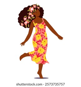 Gorgeous woman cartoon character with flowers in hair wearing dress in floral prints dancing isolated on white background. Female beauty, aspirations, harmony and inspiration vector illustration