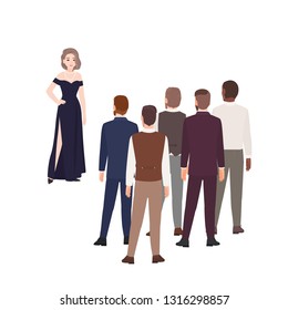 Gorgeous woman in evening dress standing in front of group of men dressed in formal clothing. Concept of girl choosing husband. Cartoon characters isolated on white background. Vector illustration.