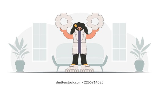 Gorgeous woman holding gears. Idea theme. Retro trendy style.