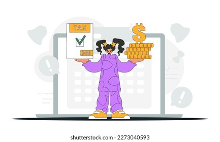 Gorgeous woman holds a tax form and coins in her hands. An illustration demonstrating the importance of paying taxes for economic development.