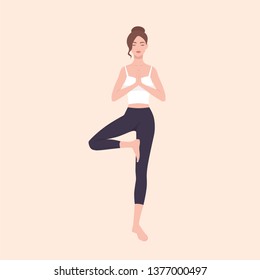 Gorgeous woman practicing Hatha yoga and zen meditation. Pretty female cartoon character standing in Tree pose and meditating. Slim yogi girl isolated on light background. Flat vector illustration.