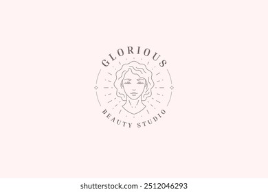 Gorgeous young woman bright face circle line art logo design template vector illustration. Elegant feminine lady portrait minimalist linear logotype for spa relax cosmetic cosmetology brand shop