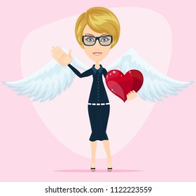 Gorgeous young woman as cupid angel with white wings and heart. Stock flat vector illustration.