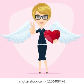 Gorgeous young woman as cupid angel with white wings and heart, with thumbs raised as a sign of victory. Stock flat vector illustration.