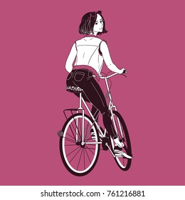 Gorgeous young woman wearing jeans, trainers and vest riding bike. Girl dressed in trendy clothes sitting on bicycle drawn with black contour lines on pink background. Back view. Vector illustration.