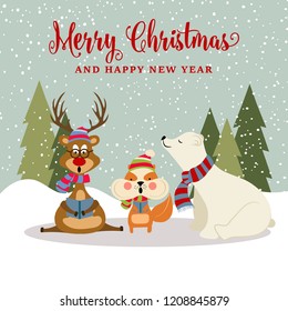 Gorgeousl flat design Christmas card with reindeer, squirrel and polar bear . Christmas poster. Vector