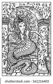 Gorgon, antique myth character. Woman with snake body and hair. Fantasy magic creatures collection. Hand drawn vector illustration. Engraved line art drawing, graphic mythical doodle