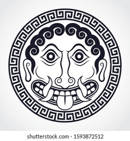 gorgon head in roun shield / Greek mythology symbol / black white illustration