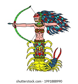 gorgon medusa with centipede body, aztec archer, fantastic wild amazon, warrior woman, color vector illustration with black contour lines isolated on white background in hand drawn and cartoon style