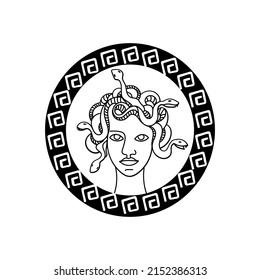 Gorgon Medusa, a hand-drawn sketch-style doodle. Gorgon head. Medusa. Snakes instead of hair. Ancient Greece and Rome. Simple vector illustration.