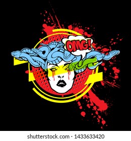 Gorgon Medusa Head. Vector illustration of pretty female face with snakes crown, halftone and paint splashes on black background. Modern fashionable tee shirt print or label design.