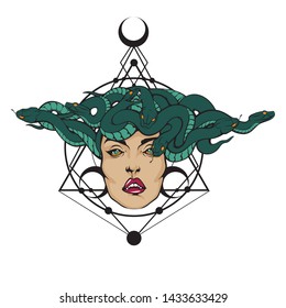 Gorgon Medusa Head. Vector illustration of pretty female face with snakes crown and sacred geometry on the background. Stylish fashionable tee shirt print, logo or cool tattoo design.