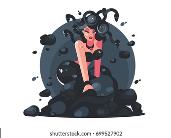 Gorgon medusa monster with female face and snakes instead of hair. Vector illustration