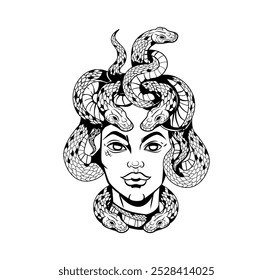 Gorgona Medusa con serpientes en lugar de cabello, una criatura mítica de la antigua mitología griega, perfecta para ropa, mercadería o artículos temáticos. Arte callejero, Brutalismo flash tatuaje Gorgon Medusa, Vector