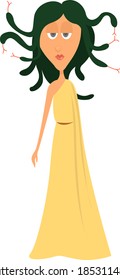 Gorgon in a yellow dress, illustration, vector on white background
