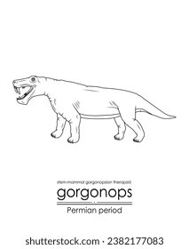 Gorgonops, a Permian period prehistoric stem-mammal gorgonopsian therapsid, black and white line art. Perfect for coloring and educational purposes