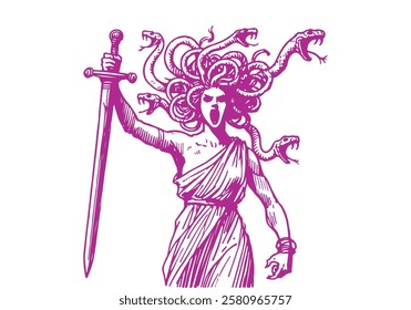 Gorgons Female monsters with snakes for hair the most famous is Medusa hand drawn sketch vector