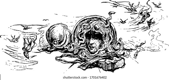 Cabeza del Gorgón, esta imagen muestra la cabeza del hombre en el suelo, pájaros volando en el fondo, dibujo vintage de líneas o ilustración grabadora