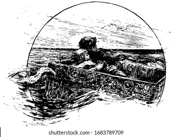 The Gorgon's Head, this scene shows a baby and mother in wooden box floating upon sea, vintage line drawing or engraving illustration