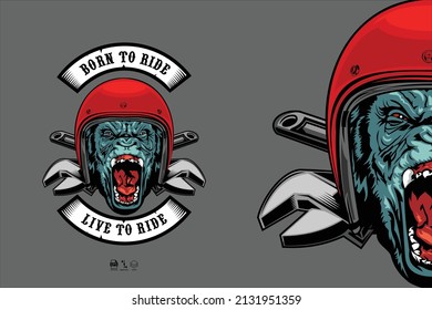 GORILAS BIKER ILLUSTRATION WITH A GRAY BACKGROUND