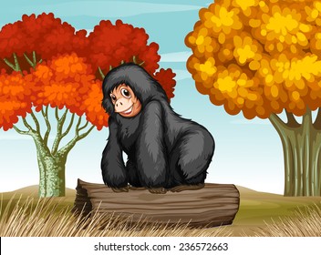 A gorilla above the log at the forest