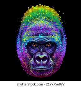 Gorilla. Abstract, neon portrait of a gorilla in the style of pop art on a black background. Digital vector graphics.