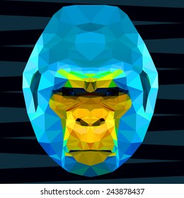 Gorilla. Abstract gorilla. Polygonal gorilla. Geometric gorilla.  Triangle gorilla. Bright blue and yellow gorilla. Gorilla. Gorilla monkey. Ape. Monkey. Nature. Ape icon. Isolated gorilla. Gorilla.