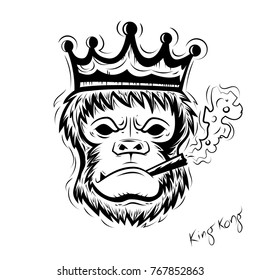 Gorilla angry wearing a crown smoking.Vector illustration.