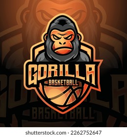 Gorilla ape mascot basketball team logo design vector with modern illustration concept style for badge, emblem and tshirt printing. modern gorilla shield logo illustration for sport, gamer, league