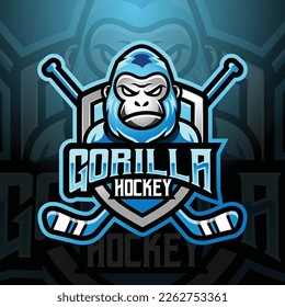 Gorilla ape mascot ice hockey team logo design vector with modern illustration concept style for badge, emblem and tshirt printing. modern gorilla shield logo illustration for sport, league 