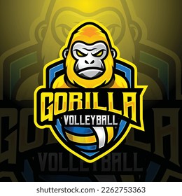 Gorilla ape mascot volleyball team logo design vector with modern illustration concept style for badge, emblem and tshirt printing. modern gorilla shield logo illustration for sport, league