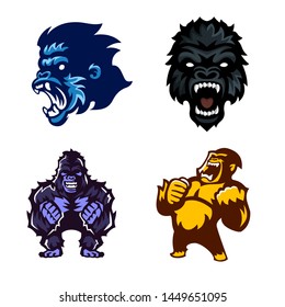 Gorilla, Ape, Monkey, Set of logo mascot, Vector.