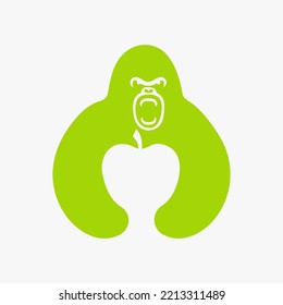 Gorilla Apple Logo Negative Space Concept Vector Template. Gorilla Holding Apple Symbol