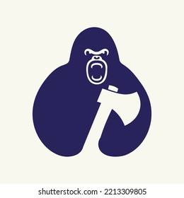 Gorilla Axe Logo Negative Space Concept Vector Template. Gorilla Holding Axe Symbol