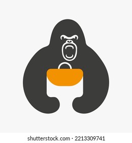 Gorilla Bag Logo Negative Space Concept Vector Template. Gorilla Holding Bag Symbol