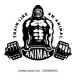 Gorilla with a barbell in his hands. Bodybuilding and fitness logo.