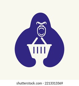 Gorilla Basket Logo Negative Space Concept Vector Template. Gorilla Holding Basket Symbol