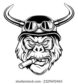 Gorilla in a biker helmet and with a cigar. Vector illustration of primates. Sketch of an angry gorilla head