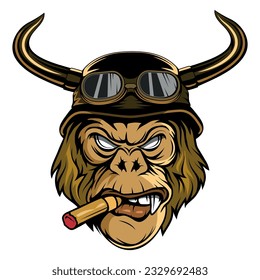 Gorilla in a biker helmet and with a cigar. Vector illustration of primates. Angry gorilla head